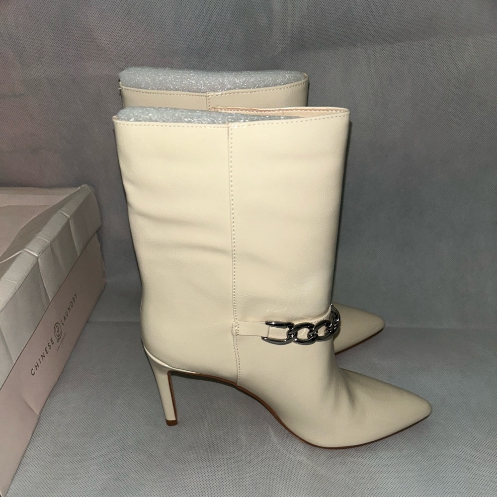 Chinese Laundry Elisha patent cream heeled boot with silver chain detail NIB